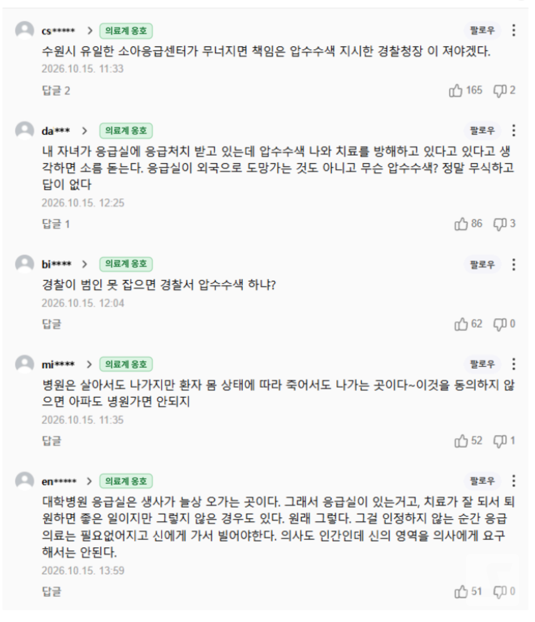 Portal site comments related to search and seizure of Ajou University Hospital's pediatric emergency room